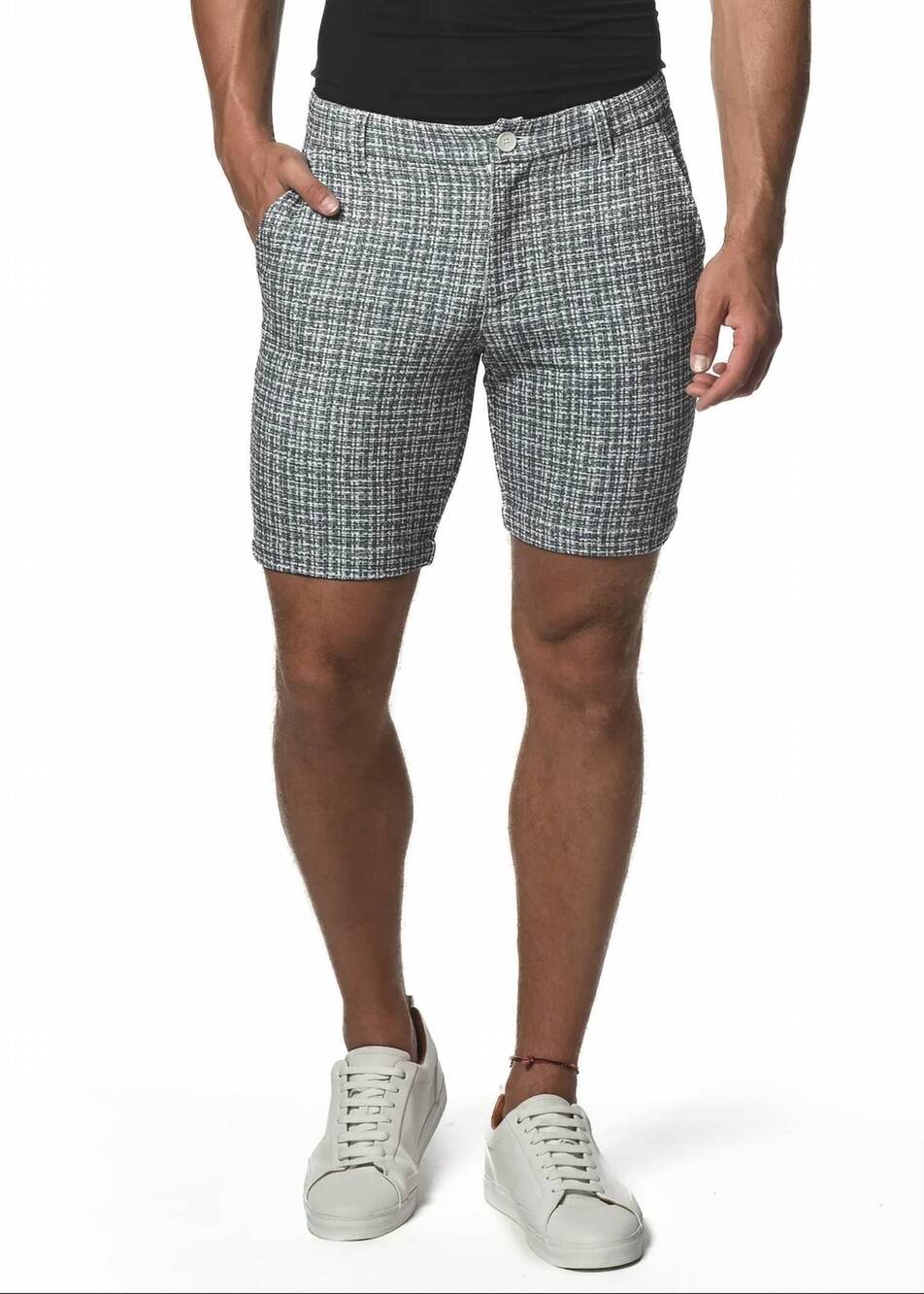 NEW POSTMARC men's micro check 8" inseam stretch knit printed checks short in gr